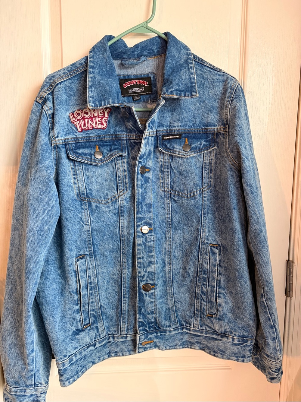 Members Only Light Blue Denim Jacket with Looney Tunes Patch